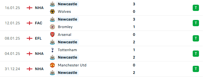 Thành tích gần đây của Newcastle