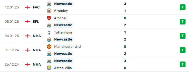 Thành tích gần đây của Newcastle